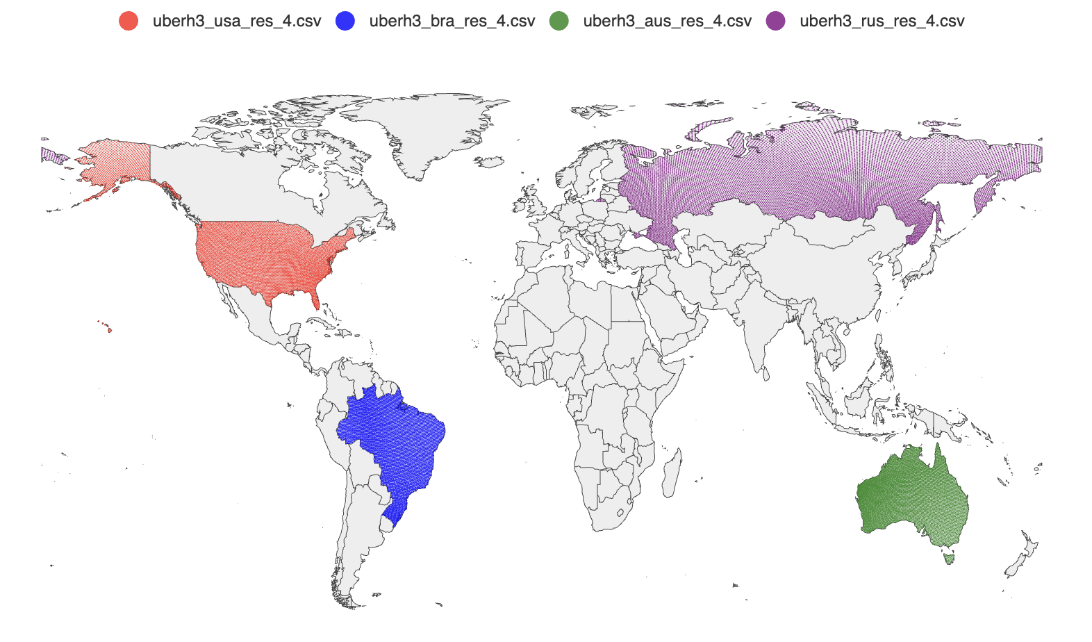 H3 cells rendered for USA, Brazil, Australia, and Russia at resolution 4