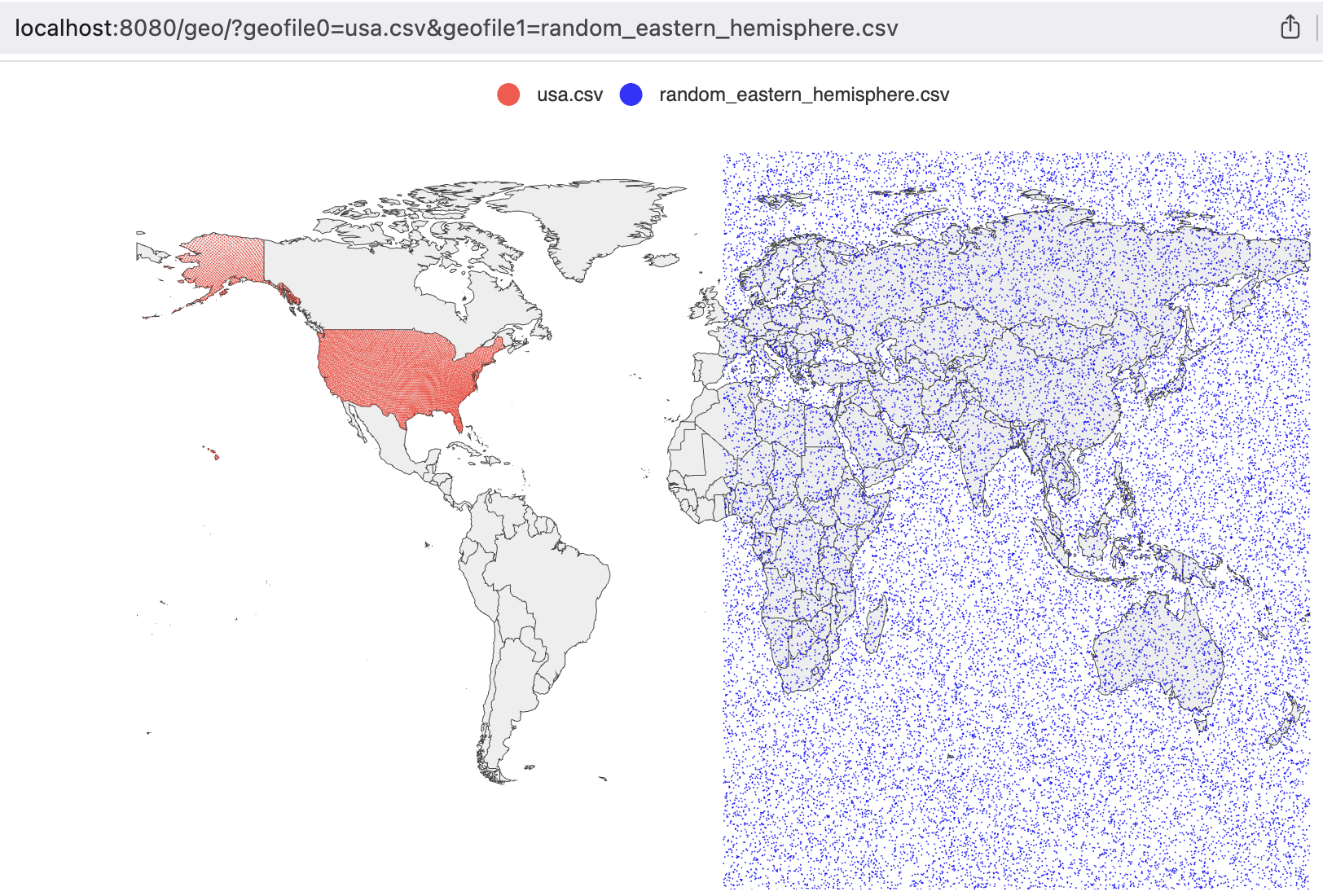 Two CSV datasets plotted simultaneously: USA H3 cells and random eastern hemisphere points
